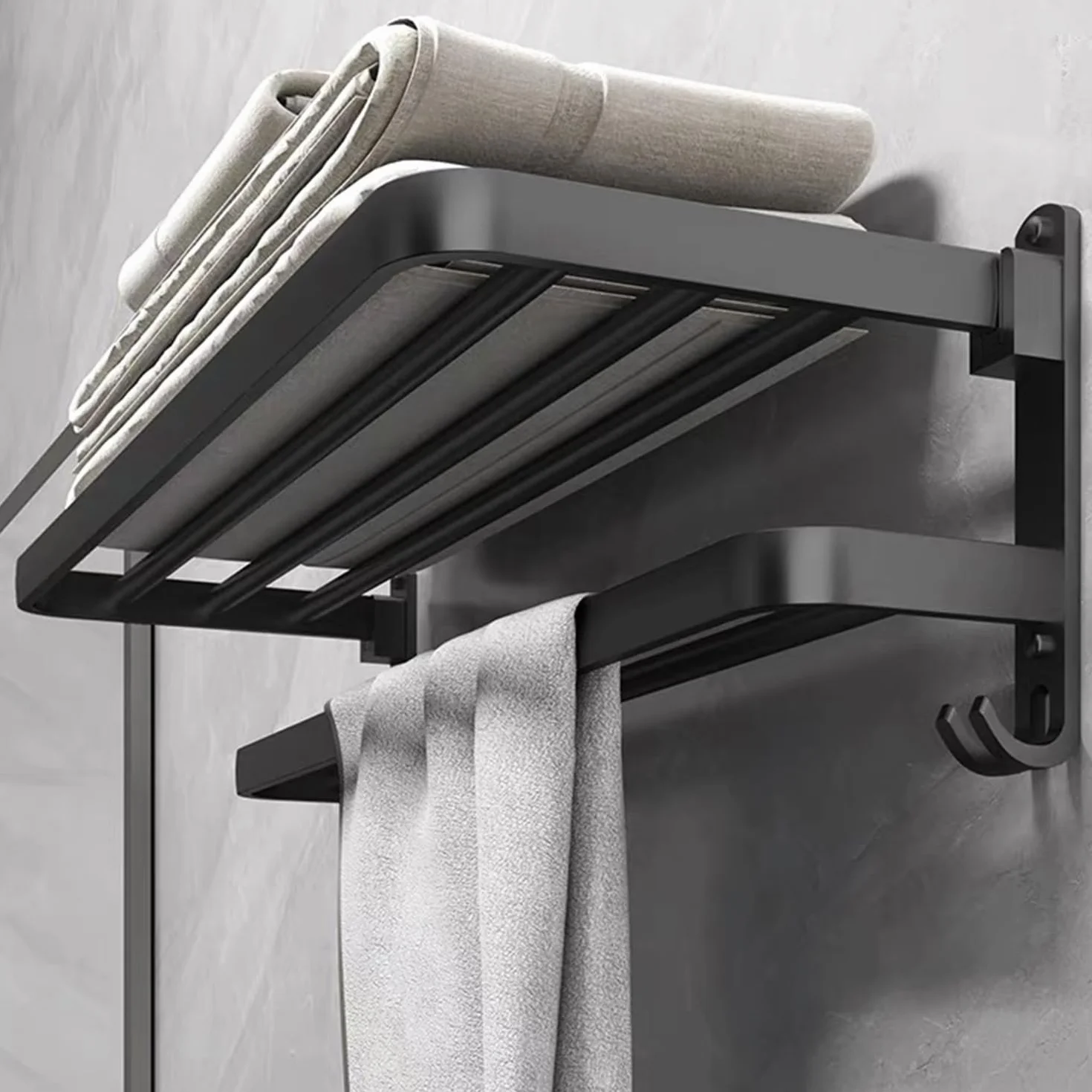Porte Serviette Salle de Bain, Porte Serviette Murale, Porte Serviette sur Pied Accessoire Salle de Bain, Porte Serviette Salle de Bain sans Percage, Seche Serviette Porte-Serviettes Noir