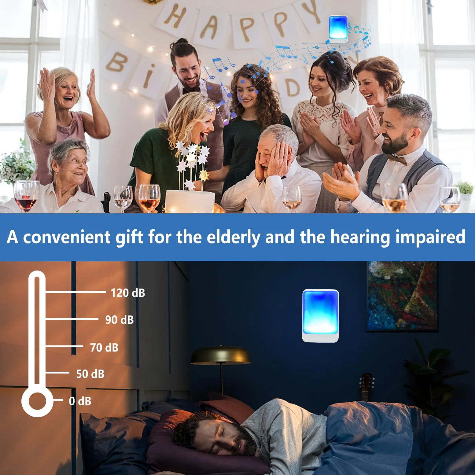 Sonnette de porte sonore avec flash et 7 couleurs de lumière vive et 4 volumes, sonnettes sans fil 180 mètres, pour la maison/le bureau, adaptée aux personnes âgées et malentendantes (blanc)