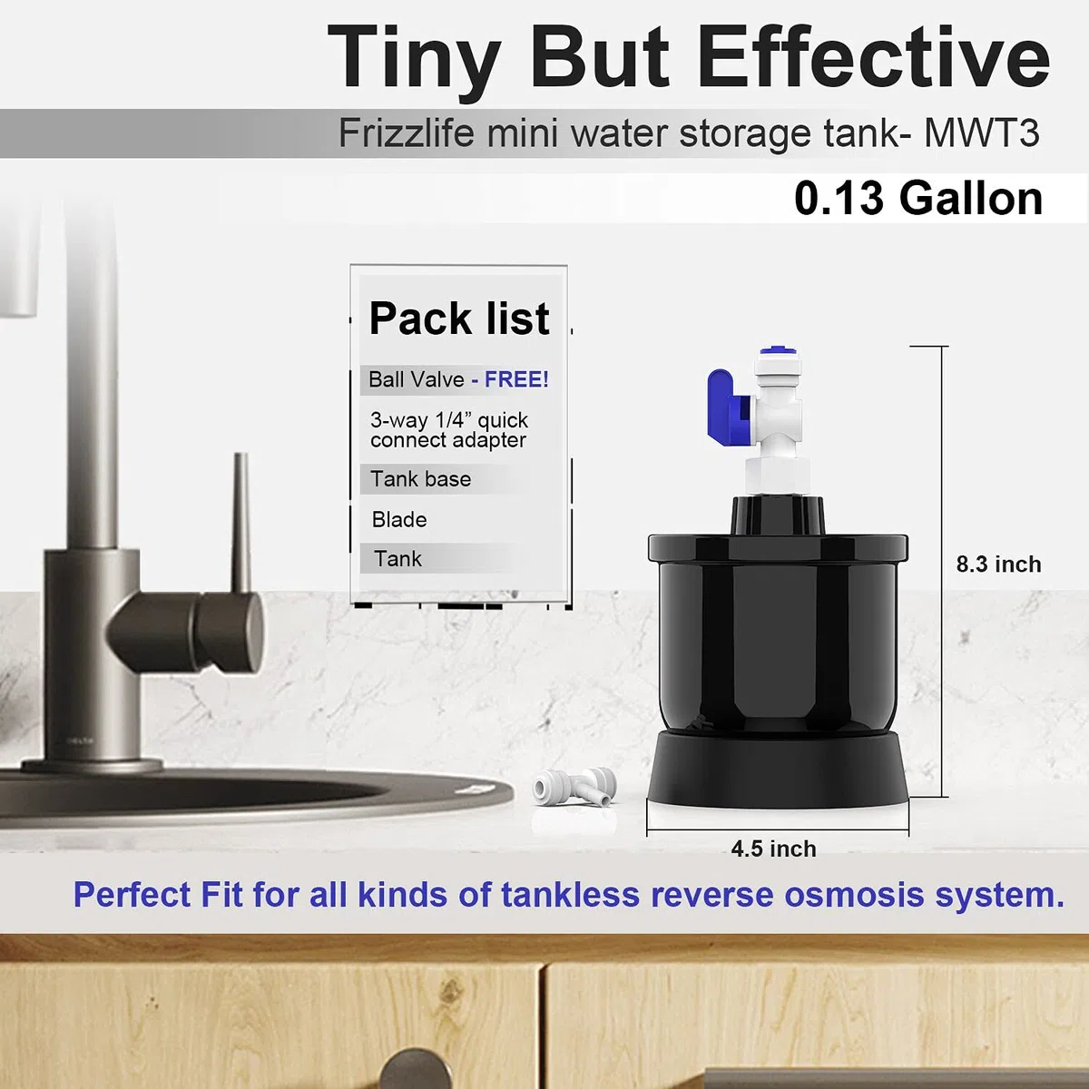 Frizzlife MWT3 Mini réservoir d'eau sous pression avec vanne à boisseau sphérique pour système d'osmose inverse PD400, PD500, PD600-TAM3