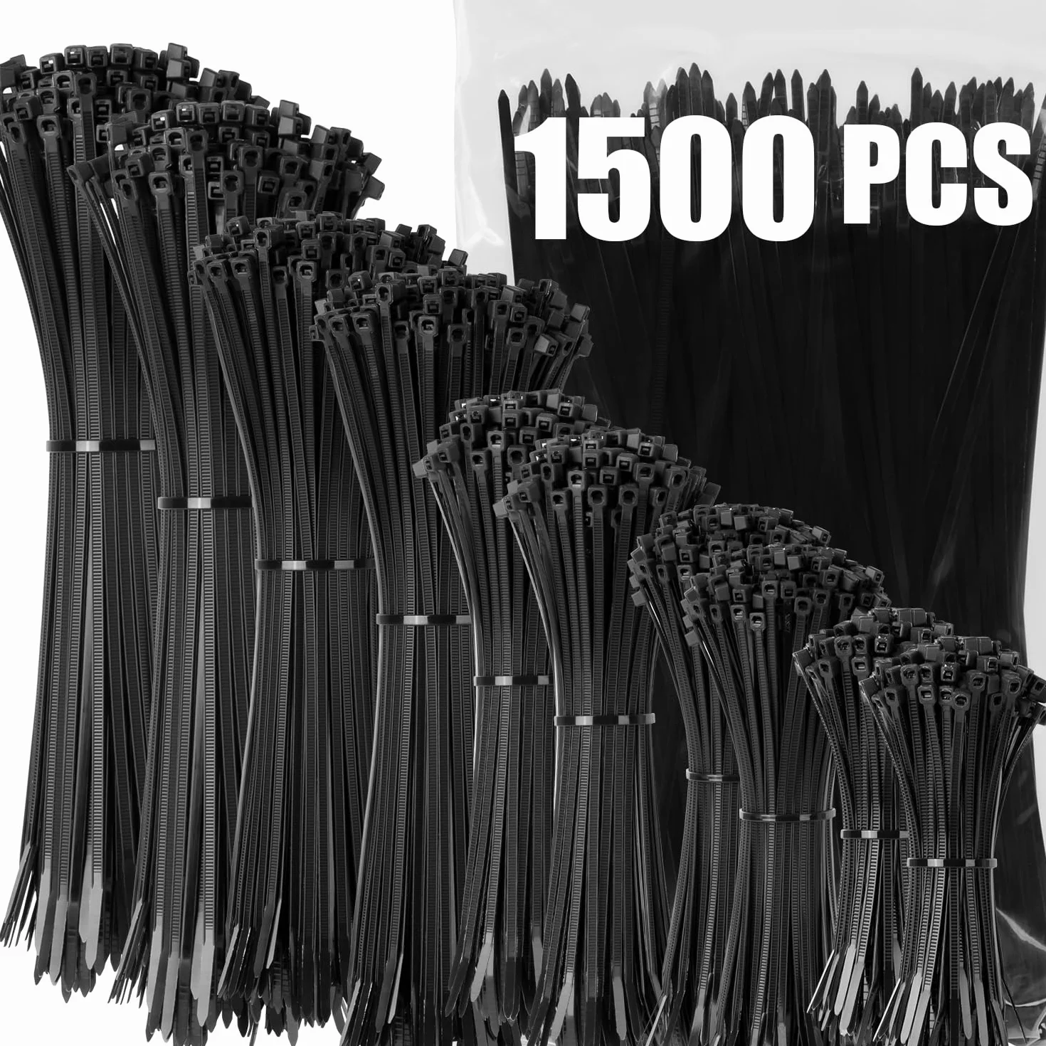 XINGO 1500 Pièces Noir Collier de Serrage Plastique, Serflex Plastique Professionnelles, Rislan 100/150/200/250/300mm de Long Résistant aux UV, Pour Gérer les Différents Câbles,