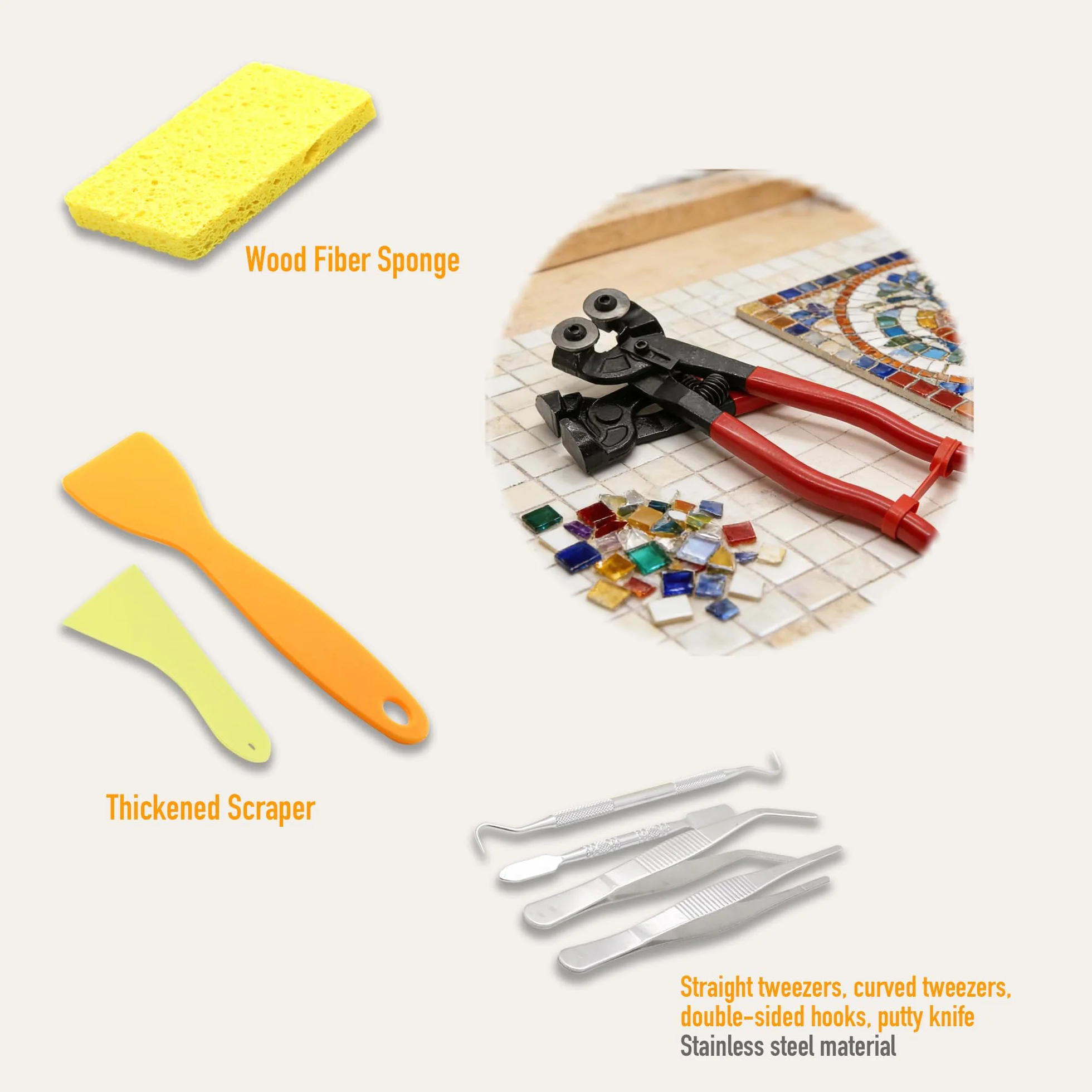 Diyoung Lot de 19 Outils de Mosaïque avec Ciseaux à Verre, Ciseaux à Carrelage, Pinces à Chammer, Pinces à épiler, Double Crochet, Spatule, Raclette, éponge pour Couper et Poncer le Verre et la