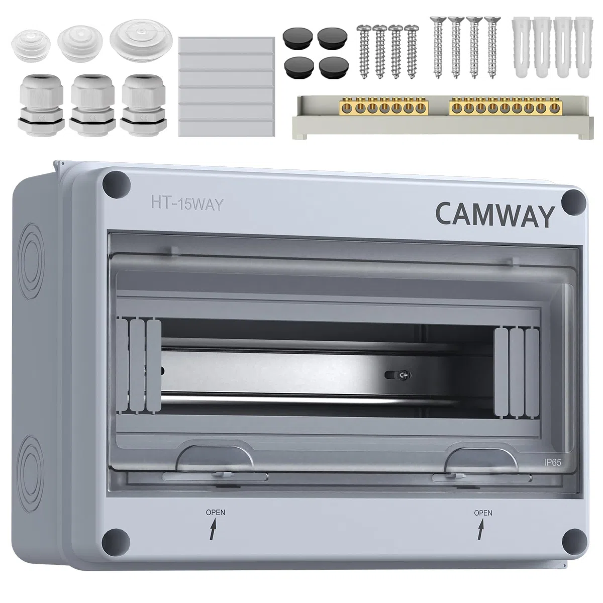 CAMWAY Boîte de distribution exposée 15 voies IP65,1 rangée de 8 modules pour utilisation extérieure, Boîte à Fusibles Exposée en ABS avec Porte Transparente Installation facile