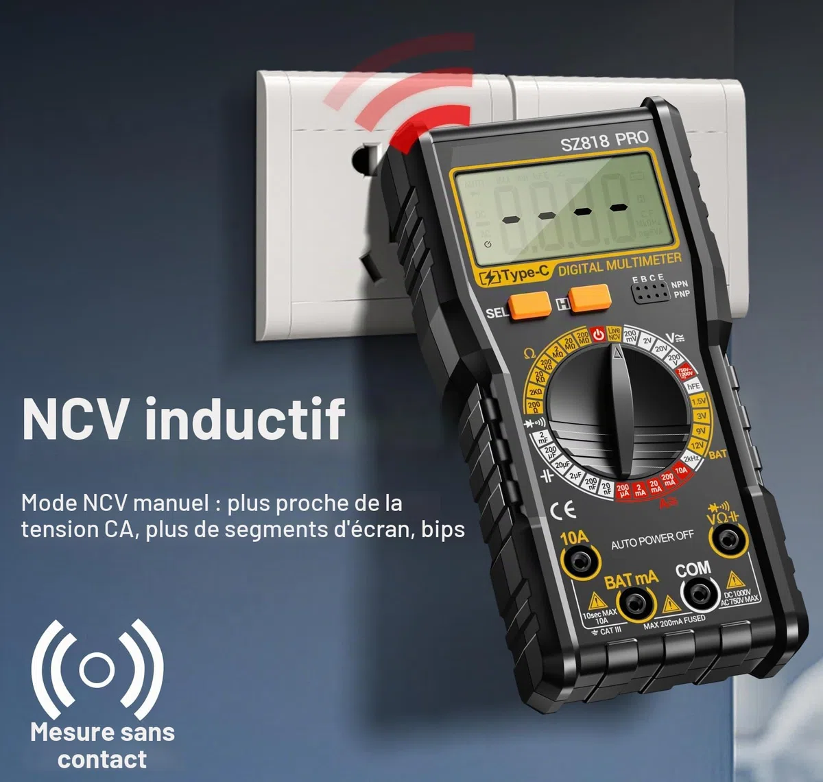 Multimètre numérique rechargeable - Multimètre numérique intelligent - Testeur de tension électrique - Batterie intégrée - Fonction de détection NCV - AC/DC - Résistance - Capacité - Fil neutre
