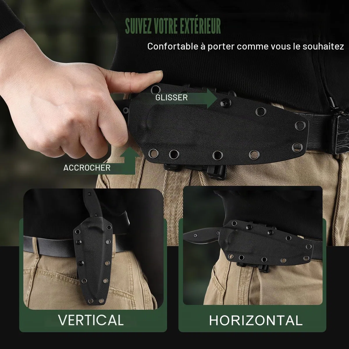 Omesio Couteau Outdoor 5CR13MOV acier Full tang couteau fixe lame drop-point 8,5 cm couteau de ceinture EDC avec Kydex fourreau(manche vert + lame blanche)
