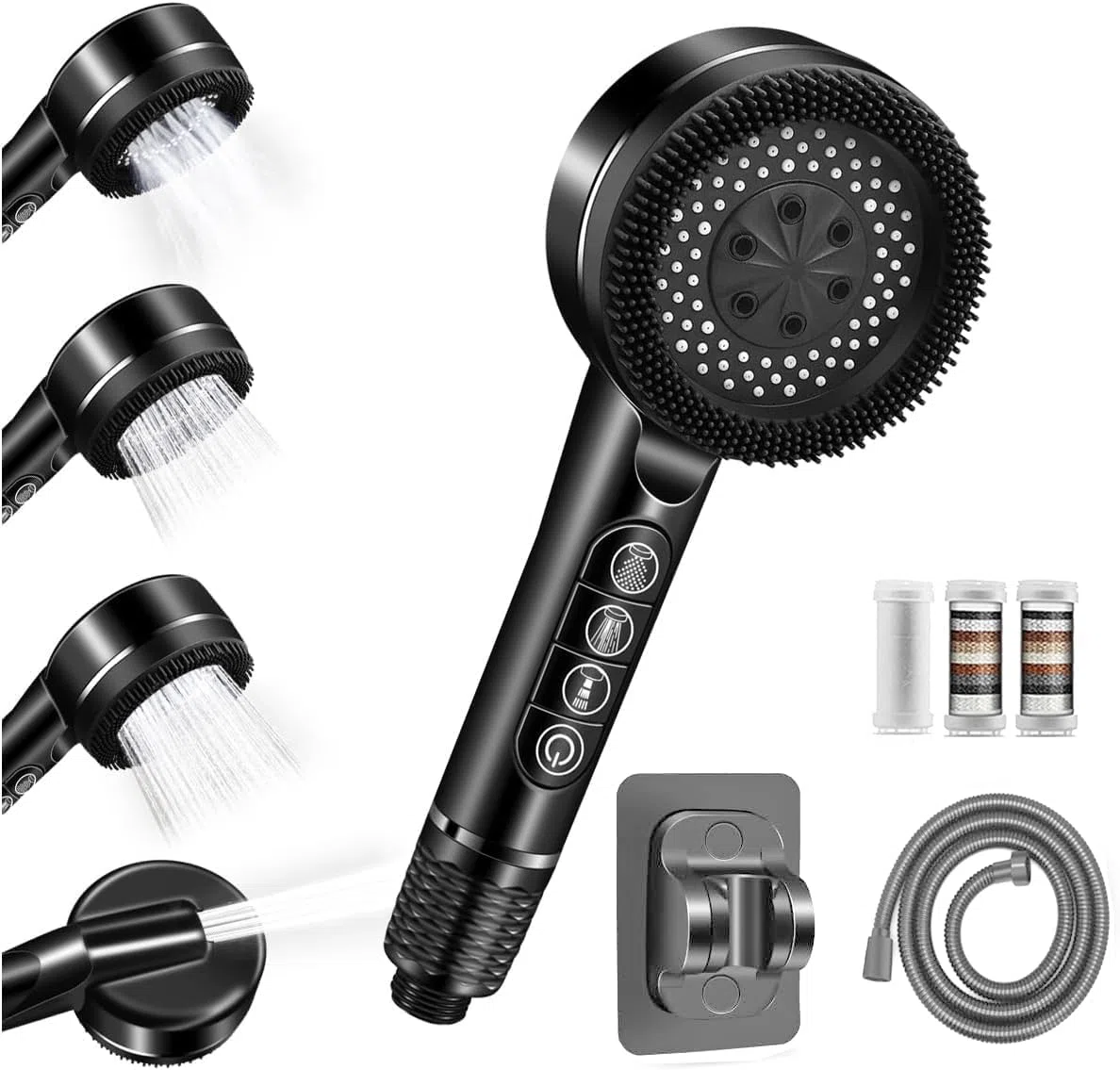 Pommeau deouche Haute Pression, Pommeau Douche Economie Deau 4 Types de Jets Pommeau de Douche Anti Calcaire avec Tuyau Douche 1.5M et Support de Douche, avec Bouton D'arrêt D'eau,Noir