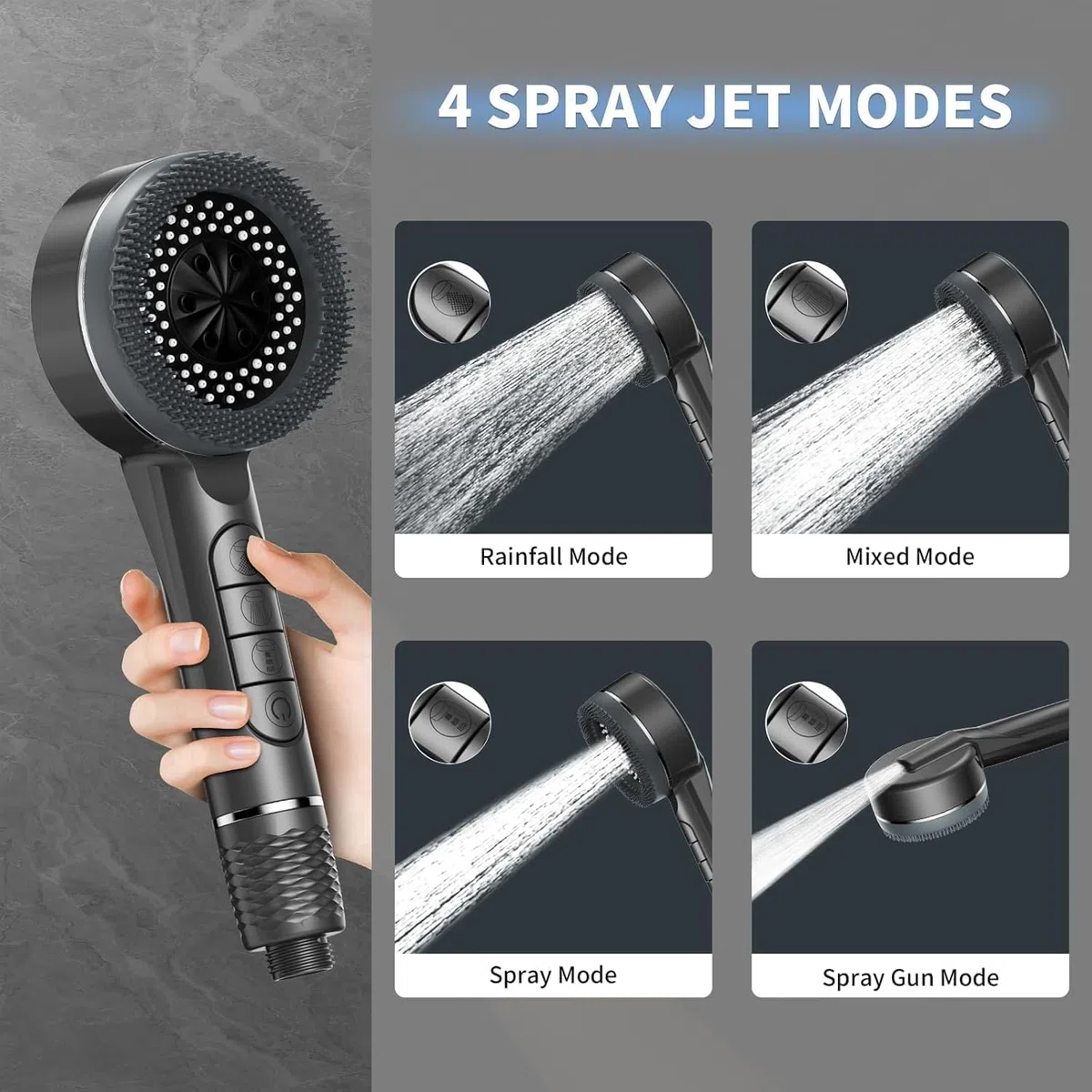 Pommeau de Douche Haute Pression,Pommeau de Douche Anti Calcaire Filtrant - Douchette Shower Jet 3+1 Modes avec Bouton Pause, Économie d'Eau,Douche Tuyau 1.5M Avec 3 filtres et support mural