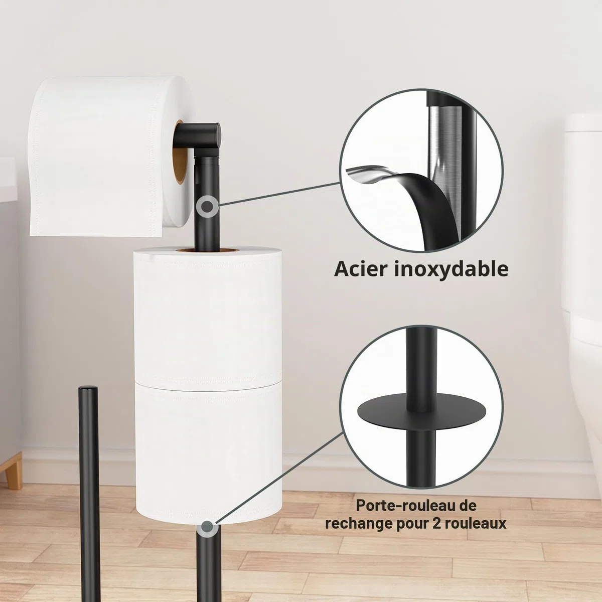Porte Papier Toilette avec Brosse WC - Porte Rouleau Debout en Acier Inoxydable, Dérouleur Papier Aucun Perçage Requis (Noir Mat)
