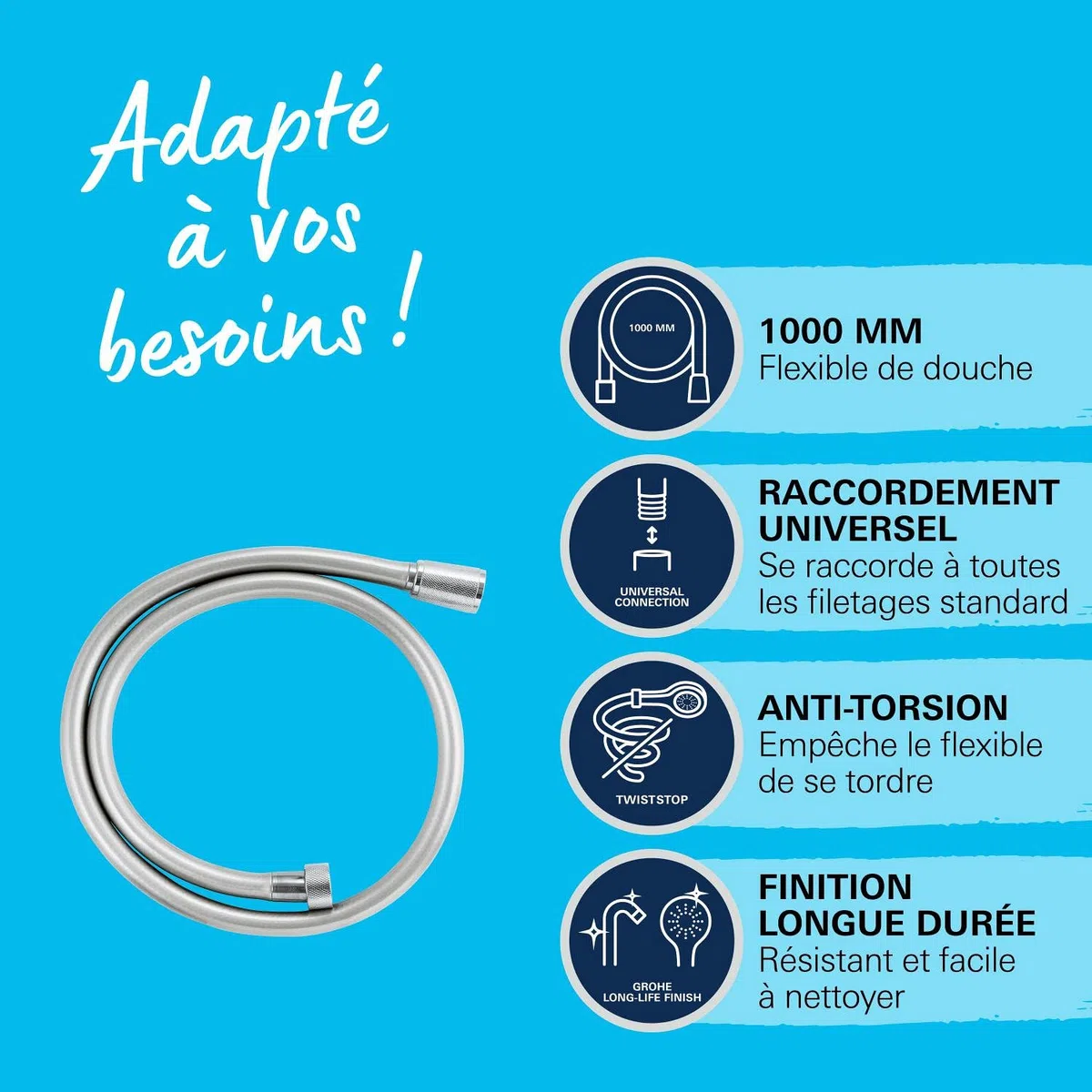 GROHE VitalioFlex Silver Long-Life TwistStop Flexible de douche 1000mm, anti-pliures, finition brillante, raccord fileté universel 1/2", chromé 22111000 (Import Allemagne)