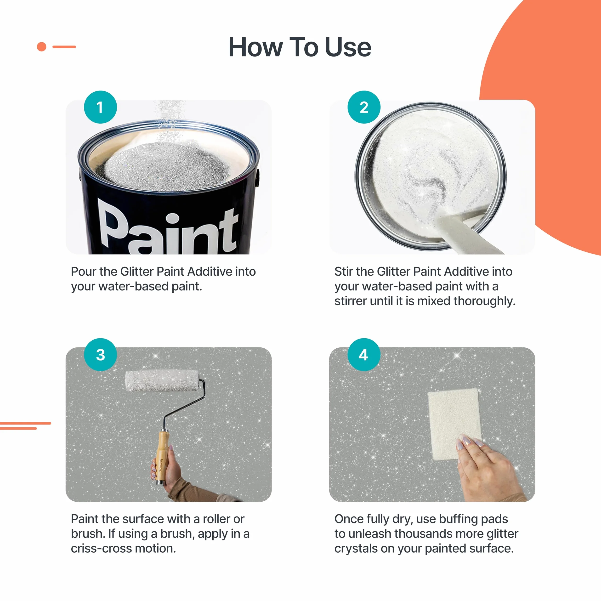 Argent Additif de Peinture Scintillante [400g] + 4 Tampons de Polissage de Finition pour Peindre les Murs Scintillants - Ajouter à la Peinture en Emulsion Intérieure ou Extérieure