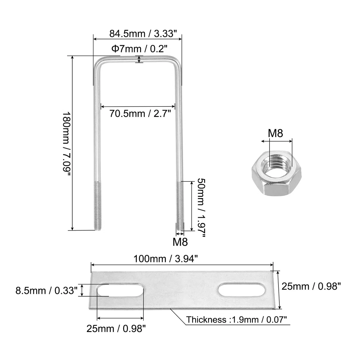 PATIKIL Kit De Boulons En U Carrés M8x70x180mm, 4Pièces Boulons En U Carrés En Acier Inoxydable 304 Pièces De Rechange Avec Plaques De Cadre Et Écrous Pour Ski Planche Remorque