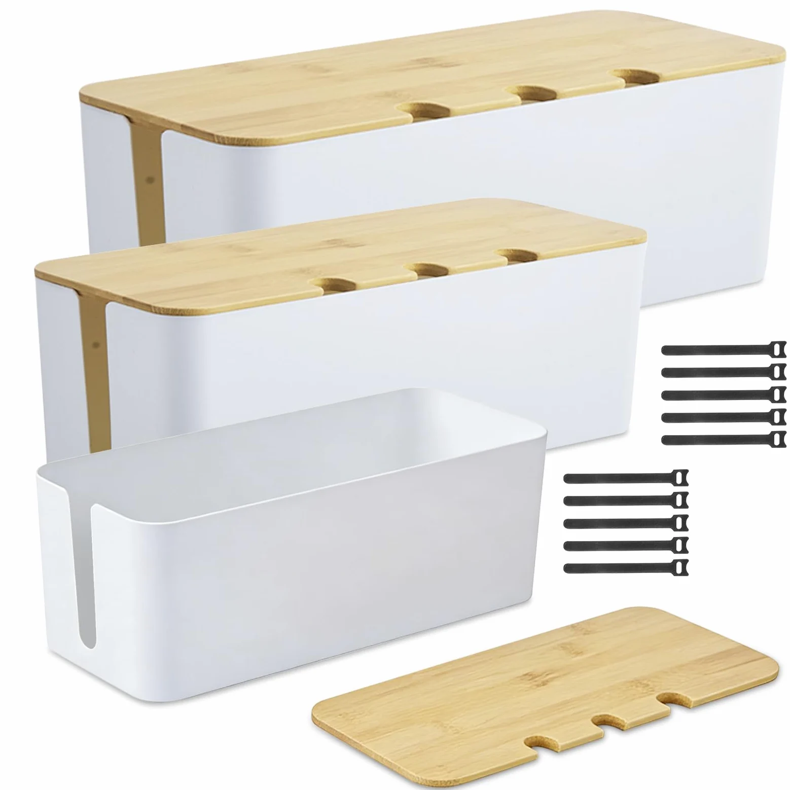 Lot de 3 Boîtes à Câbles Blanches, Boite Rangement Cable avec Couvercles en Bambou de Trois Tailles, Boite Cache Cable avec Couvercle en Bois Perforé, Cache Multiprise Electrique avec Attaches