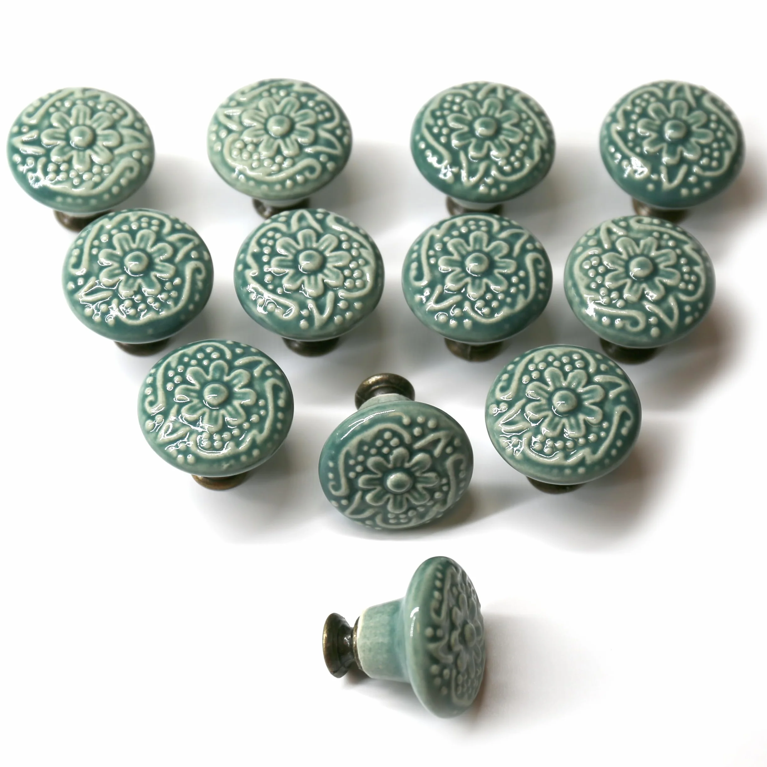 Lot de 12 boutons d'armoire vintage avec poignées rondes en céramique de 34 mm, poignées pour meubles vintage ronds pour maison, adaptées aux commodes, armoires, poignées de porte (vert)