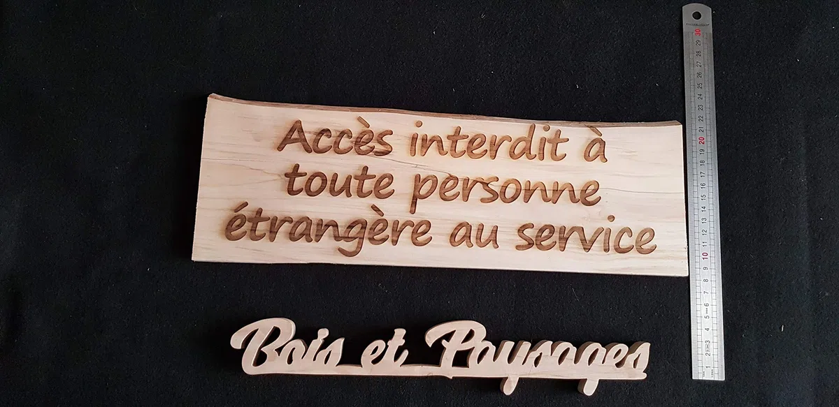 Plaque en bois gravée personnalisable - inscription au choix (citation, information, texte) - support environ 12cm x 35cm (variable selon texte).