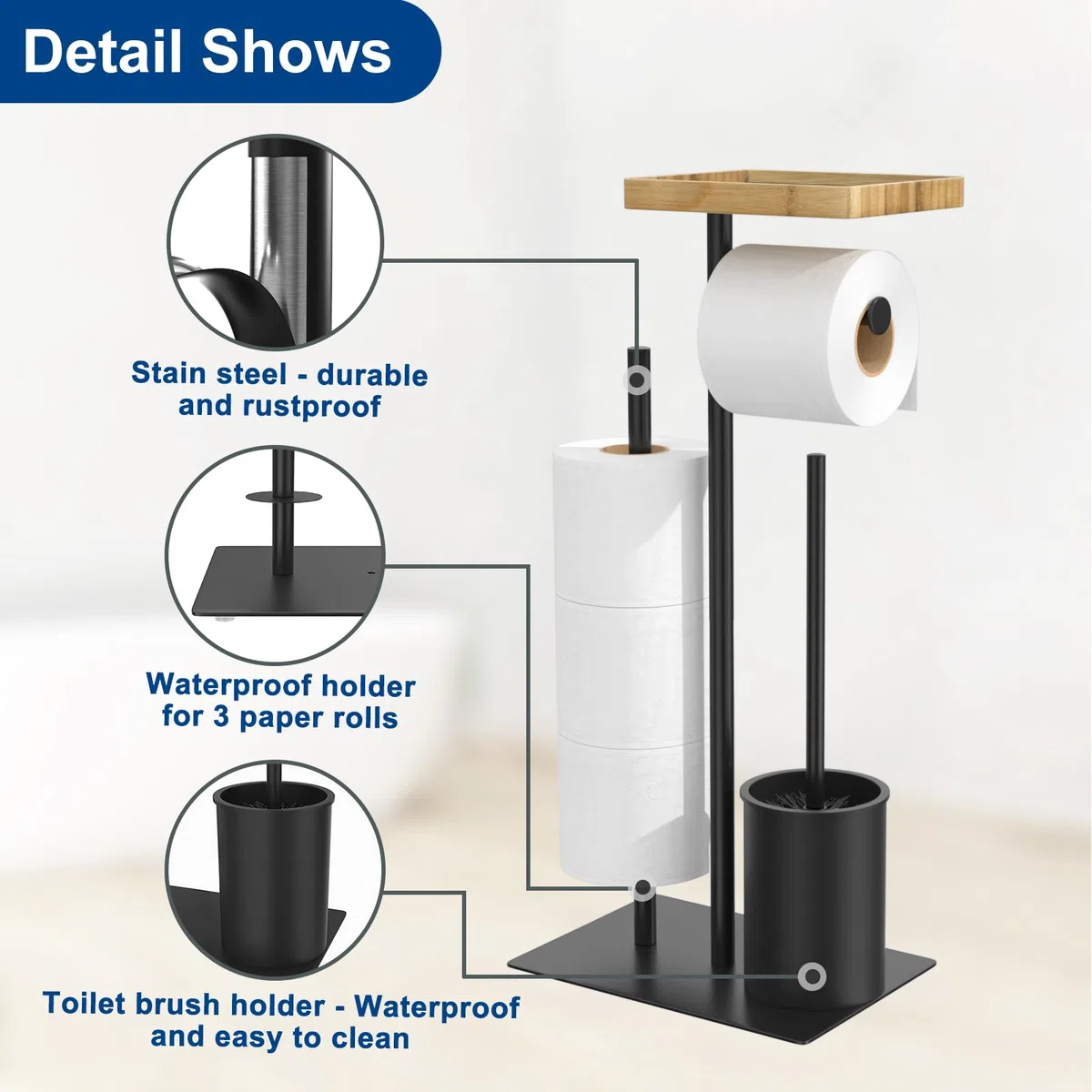 Porte Papier Toilette avec Brosse WC, Porte Rouleau Papier Toilette Debout en Acier Inoxydable avec Boîte à Lingettes Humides, Brosse WC et Dérouleur Papier Aucun Perçage Requis (Noir Mat)