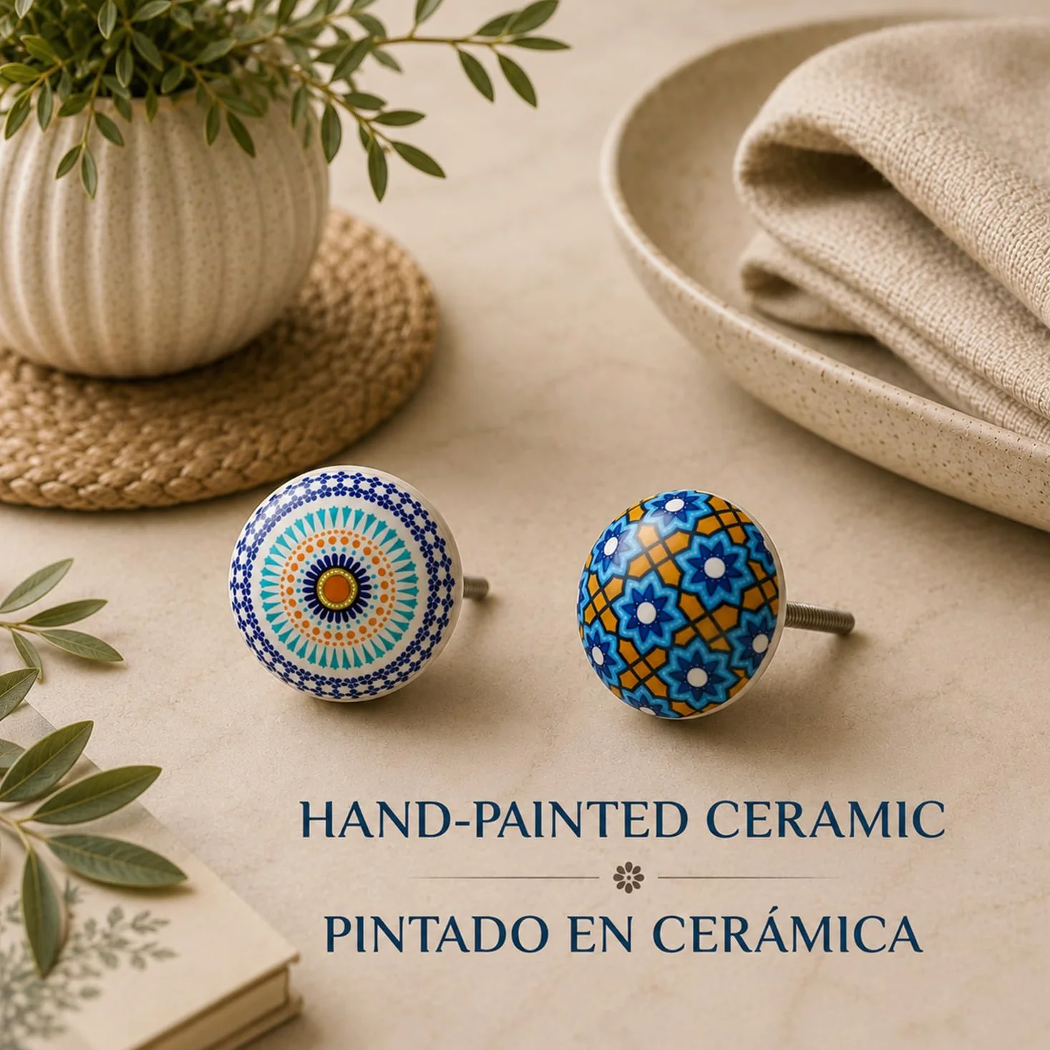 Jeu de 10 poignées de céramique de couleurs et de formes différentes peint à la main. Tireurs à la main pour armoires, tiroirs et confortables. Poignées de céramique classiques de 40 mm de diamètre