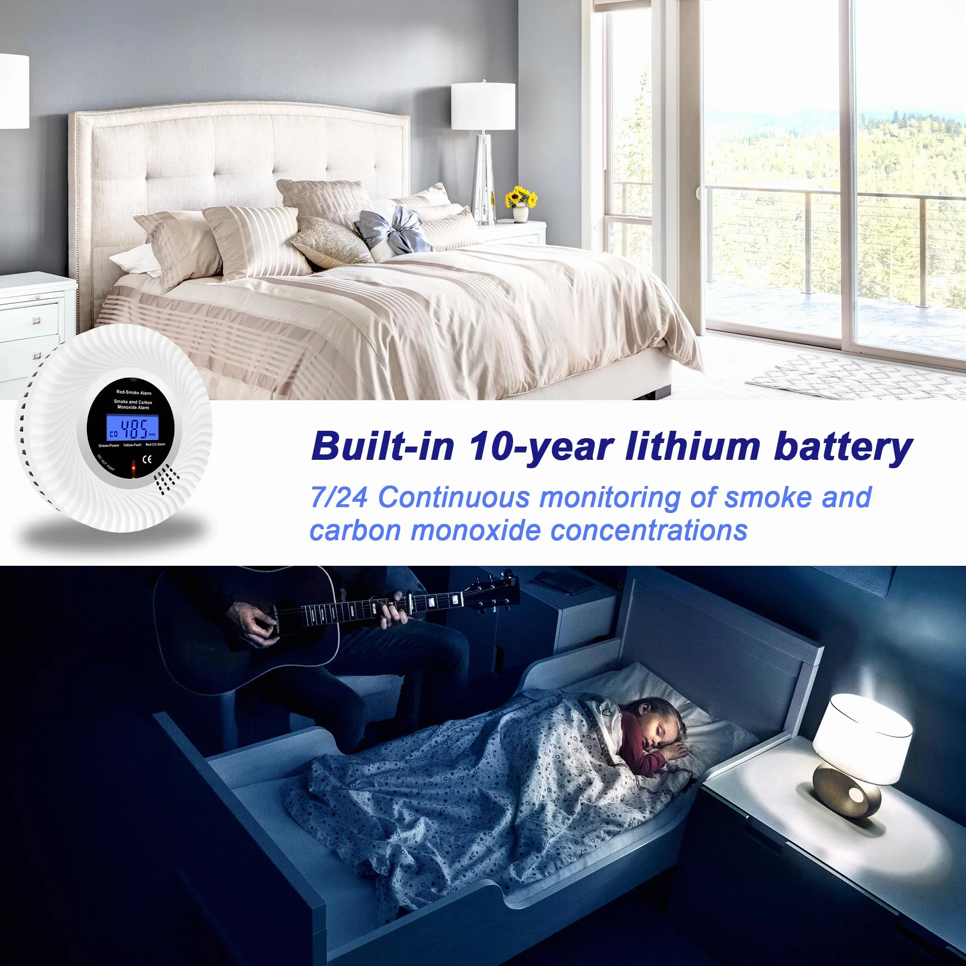 Détecteur de Fumée et de Monoxyde de Carbone Combiné avec écran LCD et Batterie Pendant 10 Ans, Détecteur de Fumée et Capteur de Monoxyde de Carbone avec Test/Muet, Lot de 1