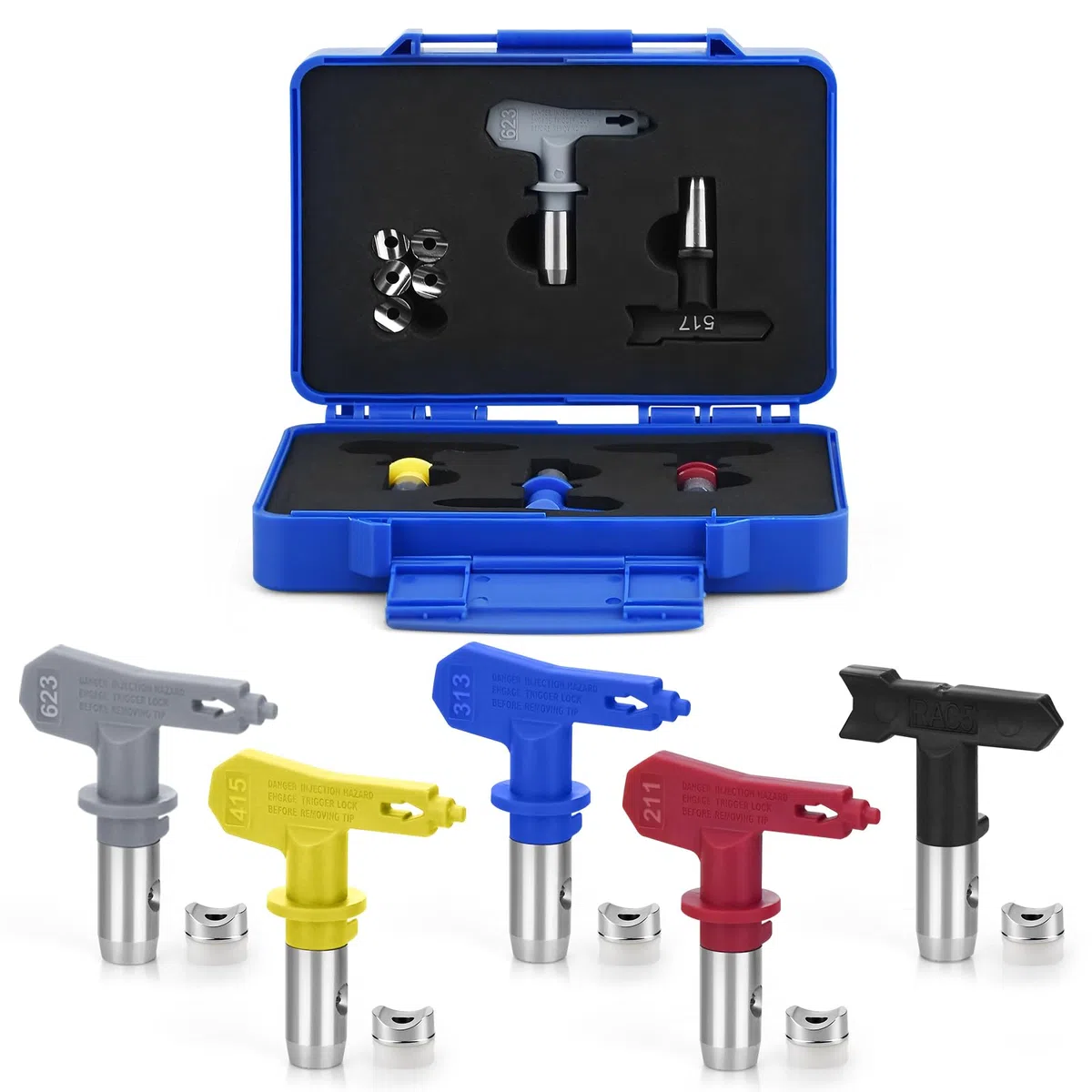 Kit de tête de Pulvérisation de Peinture Airless, tête de Buse Réversible 5pcs, Buse de Pulvérisation Airless et Mini Boîte de Rangement Airless (211，313，415，517，623)
