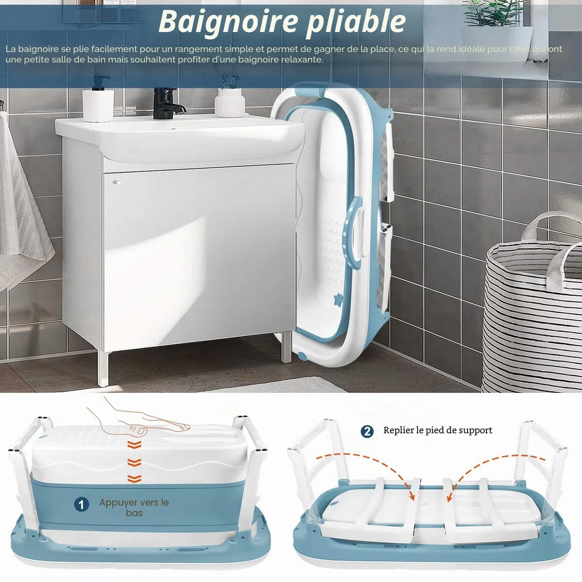 LARS360 Baignoire pliante pour adulte - Baignoire de voyage pliante avec couvercle amovible - Porte-savon, rouleaux de massage, baignoire mobile pour petite salle de bains (118 x 62 x 53 cm)
