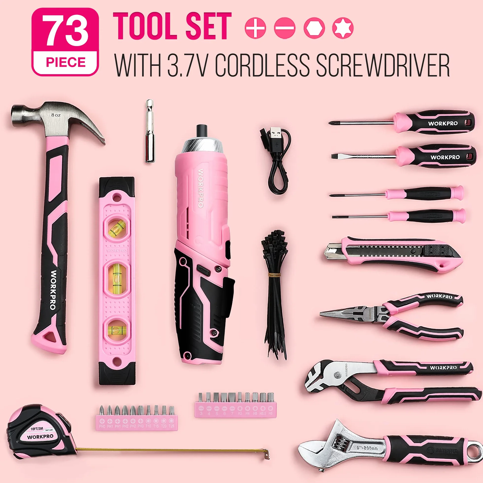 WORKPRO Caisse à Outils Complète 73 Pièces avec Tournevis sans Fil 3,7 V | Boîte en Métal Portable, pour Réparation Domestique et Travaux, Coloris Rose