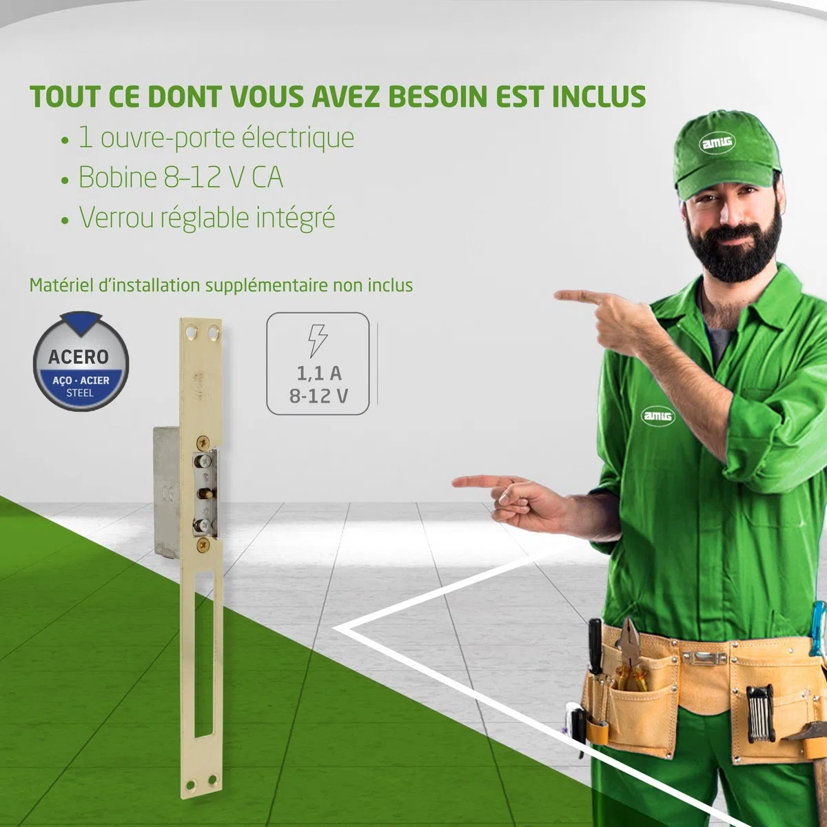Amig - Gâche électrique encastrable pour contrôle d’accès - Compatible avec pêne demi-tour européen 13 mm - Têtière 250 x 25 mm - Acier laitonné verni - Doré - 8-12 V AC/DC - Mod. 20 avec inhibiteur