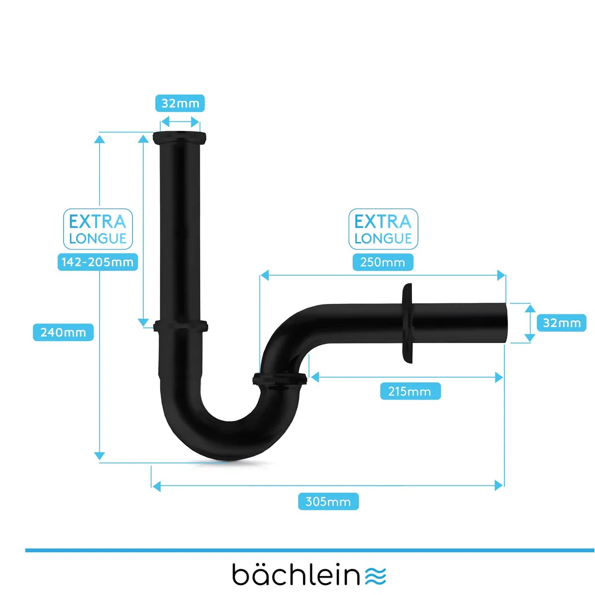 Bächlein Siphon Universel pour Lavabo et Évier (Extra Long) - Bonde de Lavabo Tubulaire - Siphon Adaptable - Anti-Odeur avec Orifice de Nettoyage + Mode d’Emploi - Mat Noir