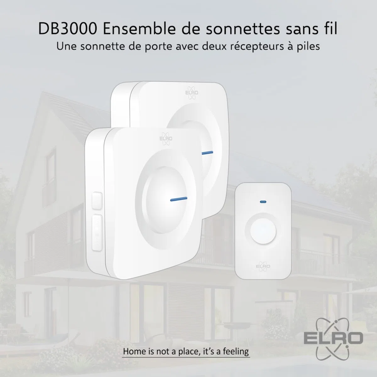 ELRO DB3000 Sonnette de Porte sans Fil - avec 2X récepteur à Piles - 64 Mélodies - Distance sans Fil : 300m - Blanc