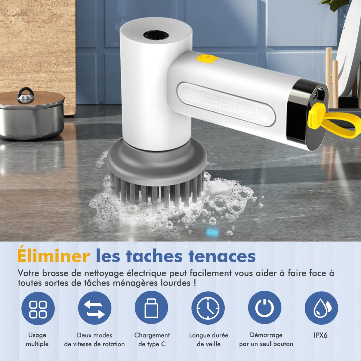 Brosse de nettoyage électrique, Spin Scrubber pour salle de bain et joints, brosse de nettoyage pour la maison avec 5 têtes de brosse, 2 modes, parfait pour nettoyer en profondeur le carrelage, la