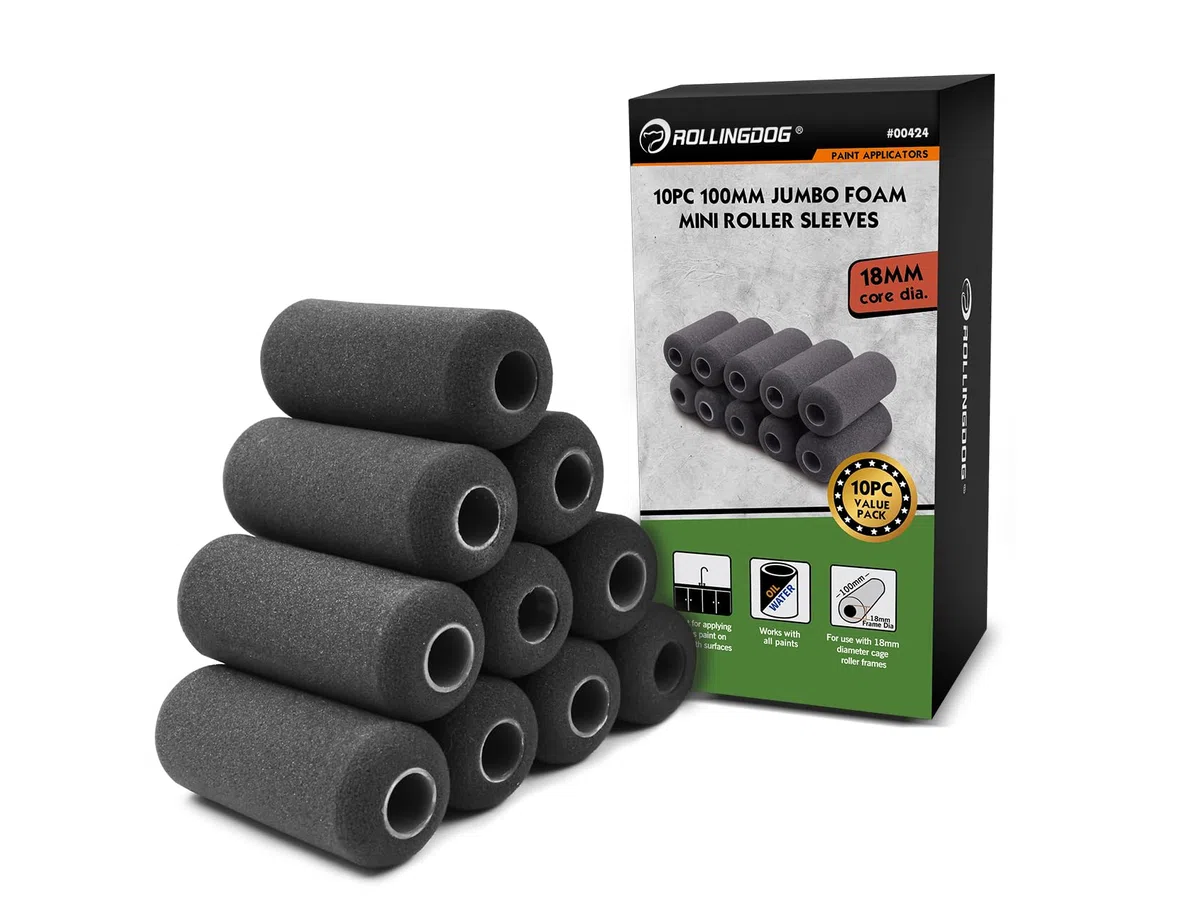 ROLLINGDOG Lot de 10 mini manchons de rouleau en mousse de 10,2 cm – Peinture pour murs, armoires, meubles (pour une utilisation avec des cadres à rouleaux de 18 mm de diamètre)