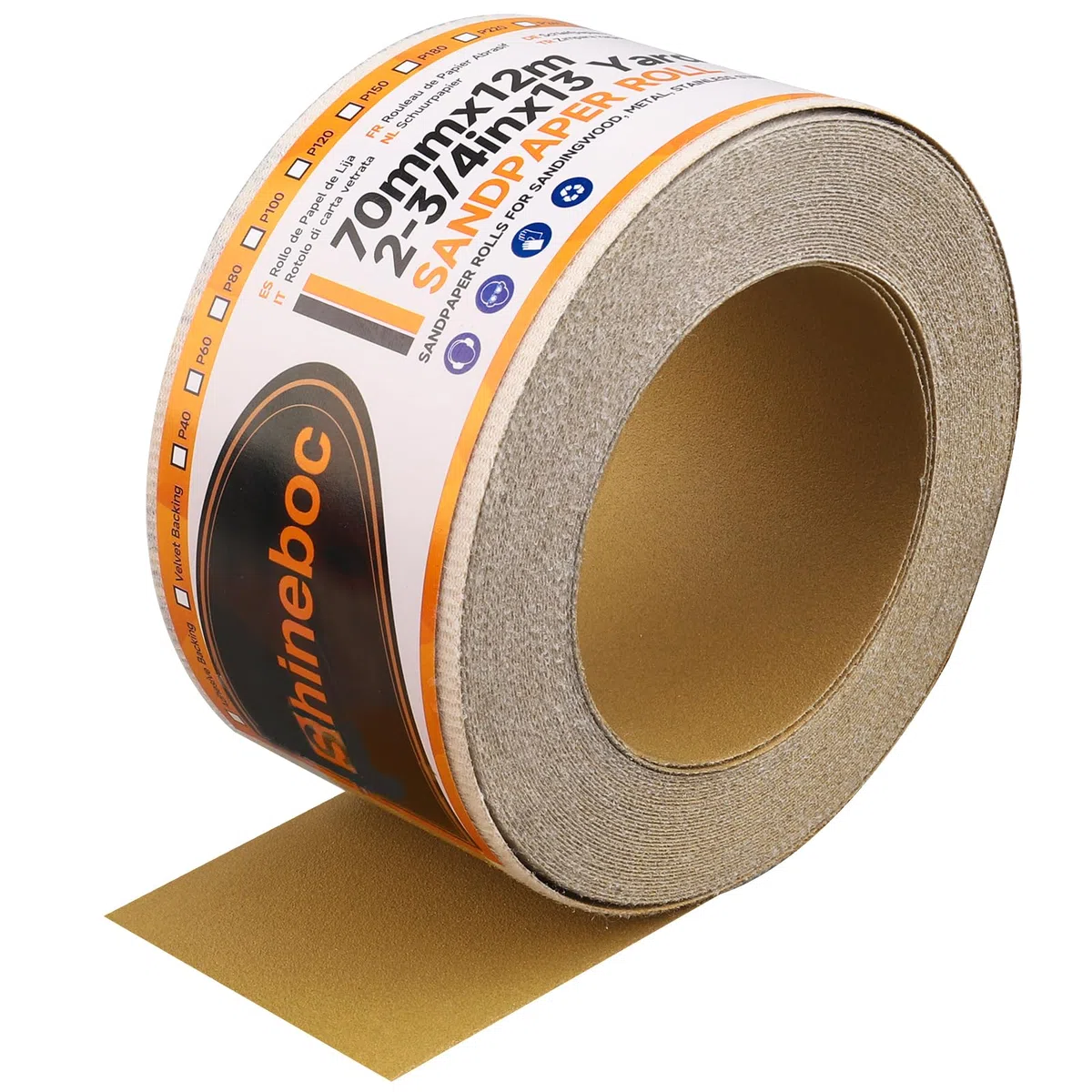 70 mm x 12 m Rouleaux de papier de verre Attaches autocollantes, Pour le bois, le métal, le plastique, l'automobile, le bloc de ponçage, Grain 150