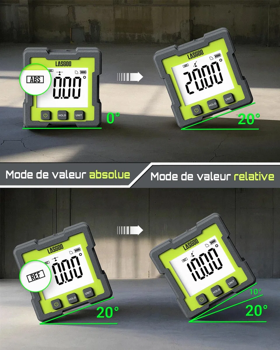 LASGOO Mesureur d'angle numérique, Inclinomètre magnétique rechargeable avec écran LCD, 4 unités de mesure pour la menuiserie, le bâtiment, la maçonnerie et l'automobile