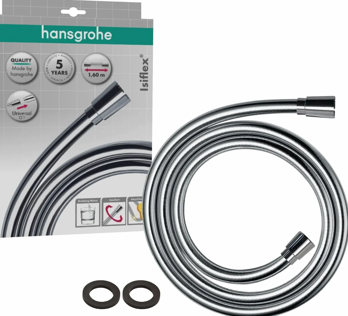 hansgrohe Isiflex - Flexible de douche universel 1,60 m, tuyau de douche avec protection anti-pliure et écrou tournant anti-torsion, avec joints d'étanchéité, Chromé, 28276000