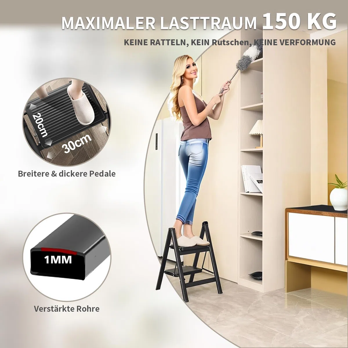 Escabeau pliant - Cadre en acier robuste - Charge maximale : 150 kg - Design pliable avec surface antidérapante pour plus de sécurité (2 marches)