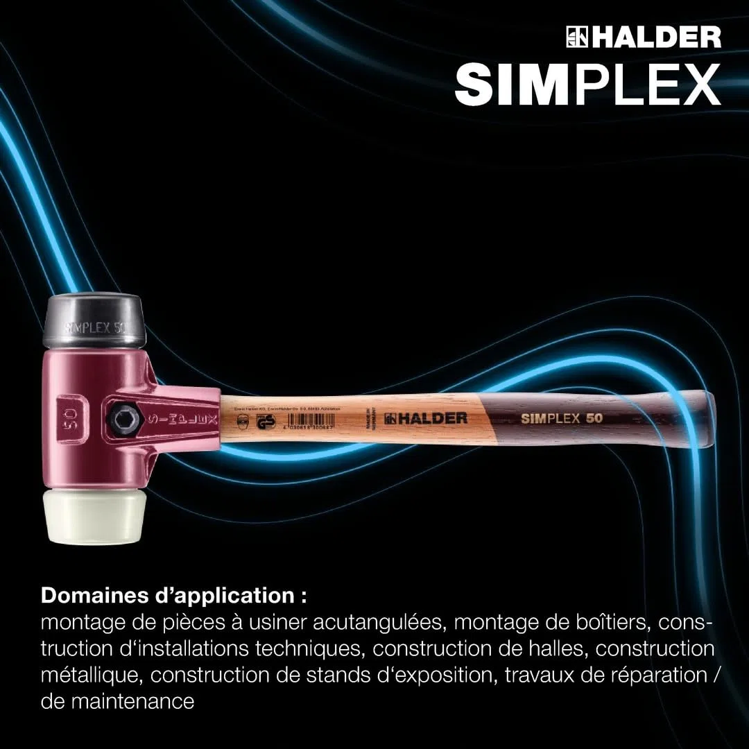 Maillet SIMPLEX, Caoutchouc chargé/nylon; avec boîtier en fonte malléable et manche en bois | D=40 mm | 3028.040