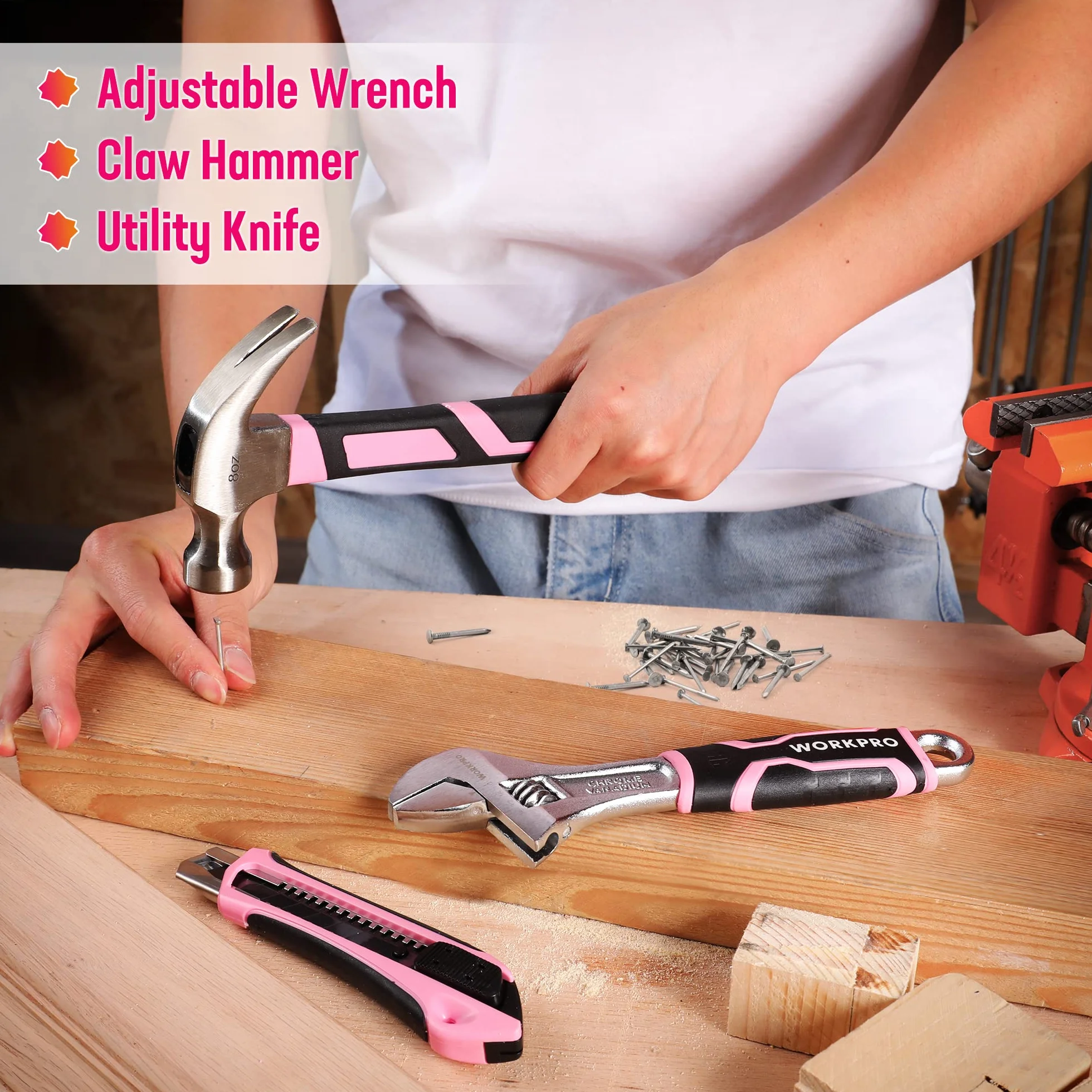 WORKPRO Caisse à Outils Complète 73 Pièces avec Tournevis sans Fil 3,7 V | Boîte en Métal Portable, pour Réparation Domestique et Travaux, Coloris Rose