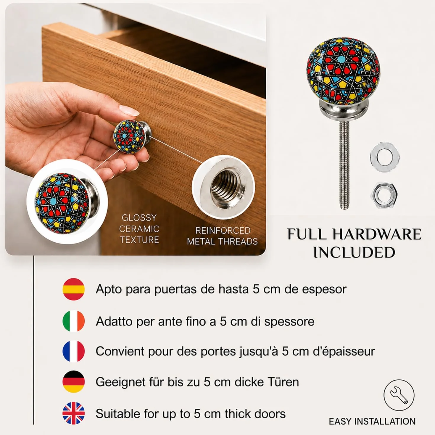 Jeu de 10 poignées de céramique de couleurs et de formes différentes peint à la main. Tireurs à la main pour armoires, tiroirs et confortables. Poignées de céramique classiques de 40 mm de diamètre