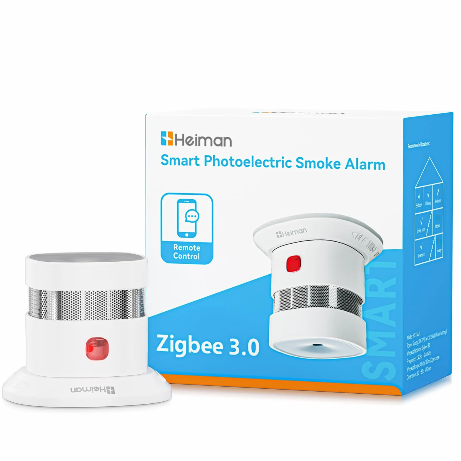 Heiman Détecteur de Fumée Zigbee 3.0 HS1SA-E-PLUS, Detecteur de Fumée Intelligent, Pile Remplaçable 5 Ans, Capteur Photoélectrique, Support ZHA & Z2M (Requires Zigbee Hub), Lot de 1