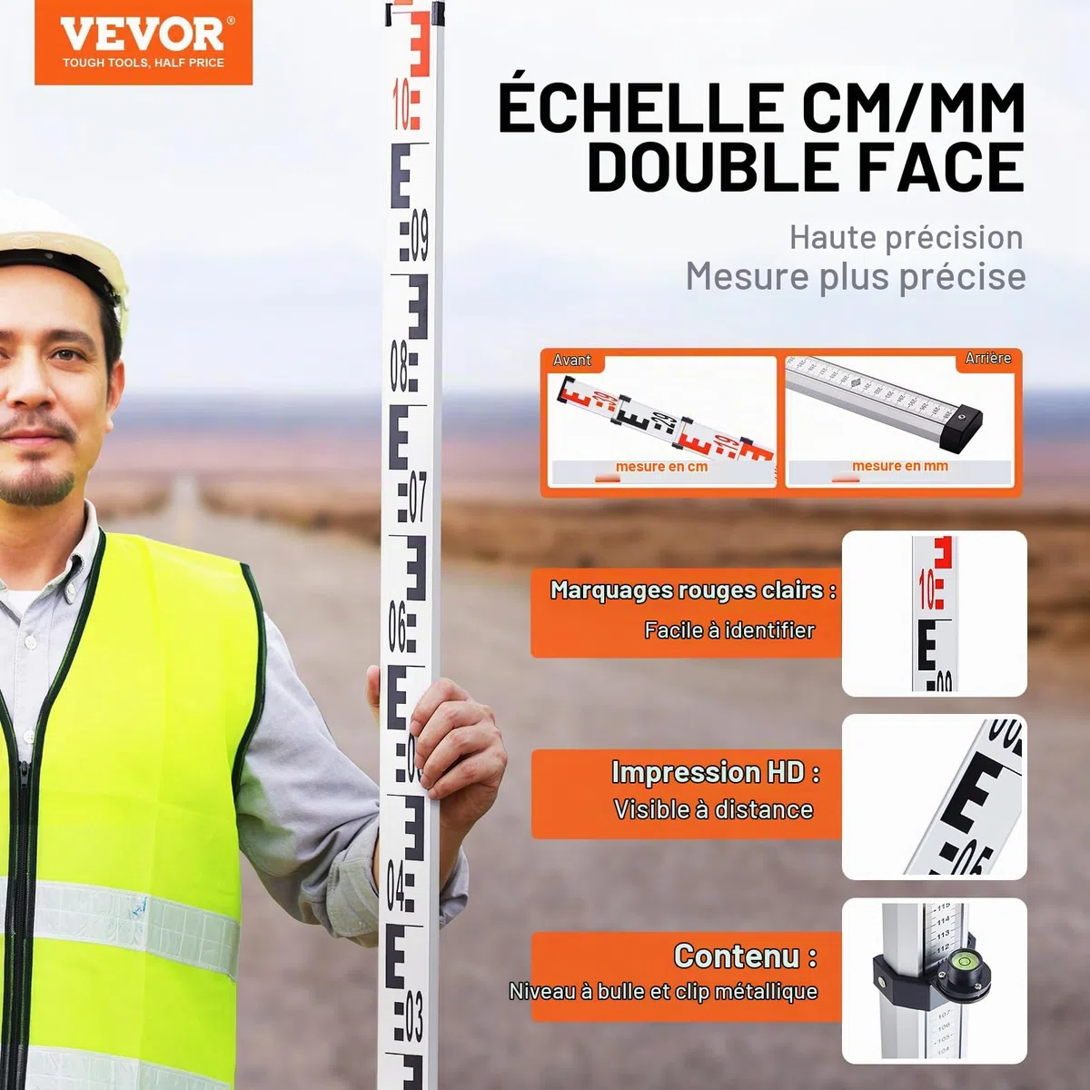 VEVOR Tige de mesure télescopique métrique 4 m, mire télescopique de mesure double face en cm/mm règle en alliage d'aluminium avec niveau à bulle et sac de transport pour mesurer maisons, murs, sols