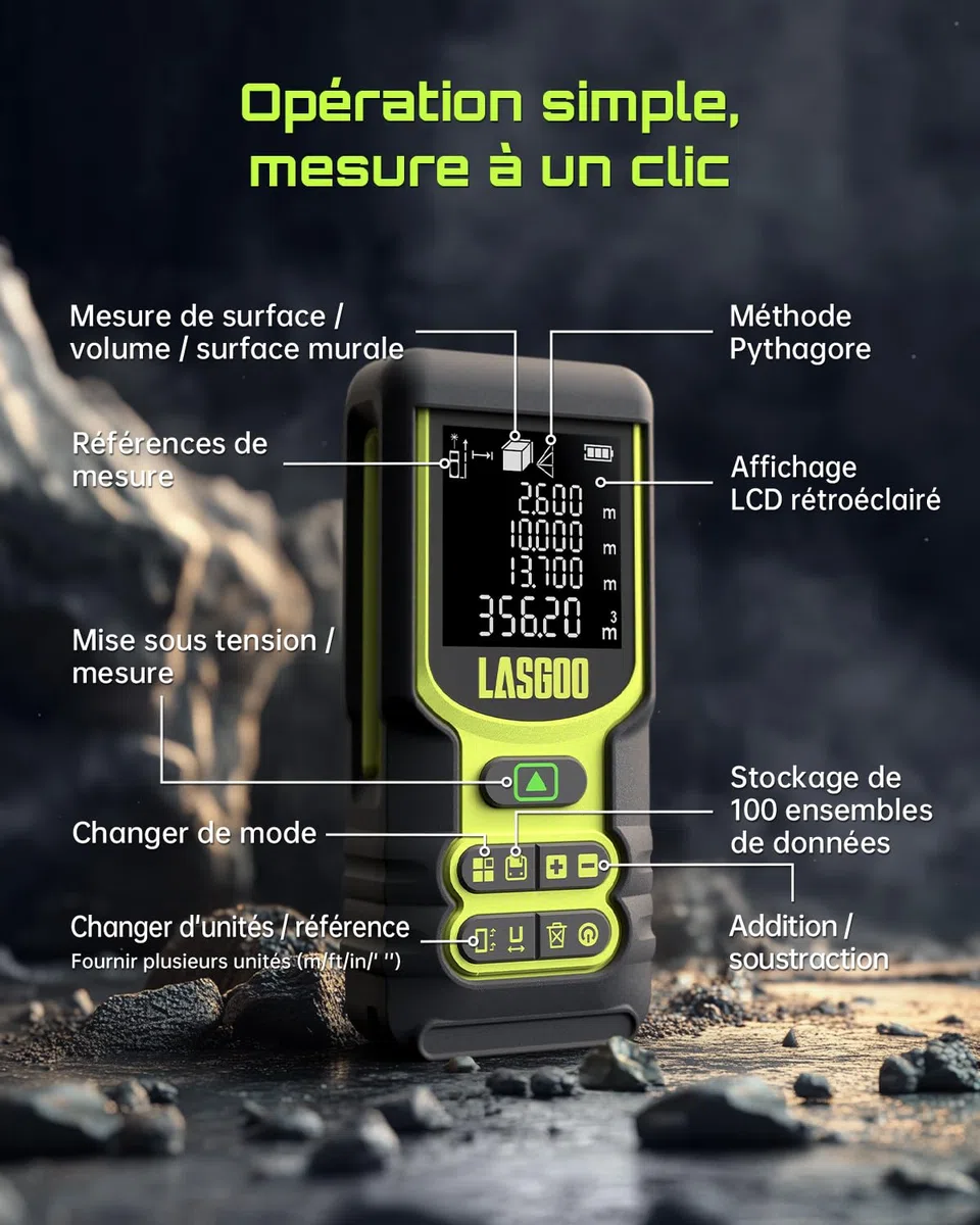 Télémètre Laser, LASGOO 60m/197ft Mètre Laser avec Unités Multiples Ft/in/M, écran LCD rétroéclairé, Mode Pythagoricien, Surface et Volume, Batterie Incluse