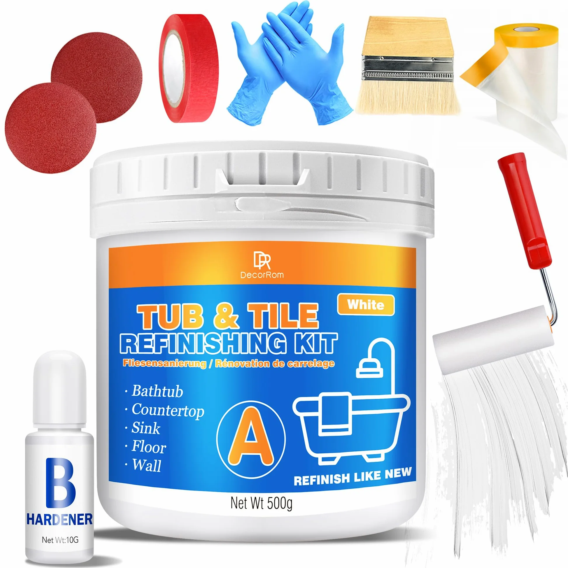 Peinture pour baignoire blanche 500 g, kit de rénovation de baignoire pour lavabos, peinture pour carrelage de salle de bain, receveurs de douche, résistante à l'eau et aux rayures avec outils