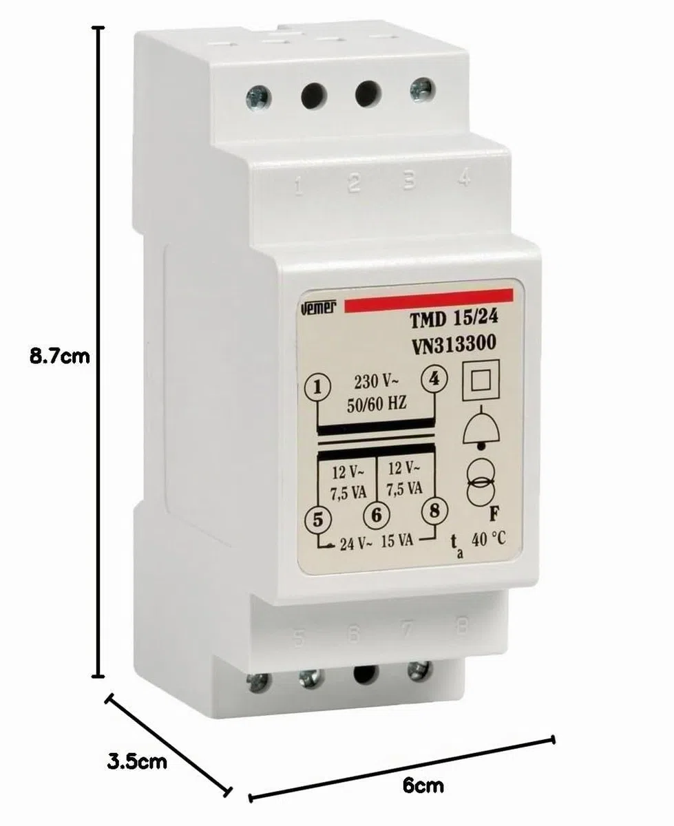 VEMER VN313300 TMD 15/24 - Transformateur 24V pour Service Discontinu (sonnette), Tension Primaire 230V, Tension Secondaire 12-24V, Puissance 15VA, Installation sur Rail Din, Blanc