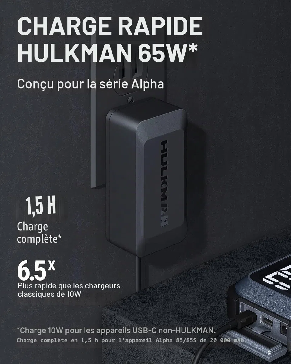 Hulkman SC1.0 Chargeur mural 65 W, charge rapide pour démarreurs Alpha et Alpha Pro Series