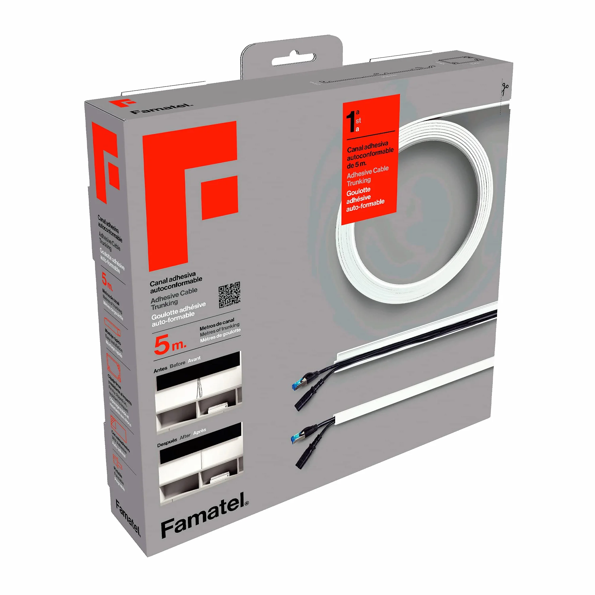 FAMATEL – Goulotte Câbles Adhésive | 5 mètres | 10 x 16 mm | NOUVEAUTÉ - Format Enroulable | Rectangulaire | Assemblage Facile avec Auto-adhésif | Goulotte de câblage | Blanc