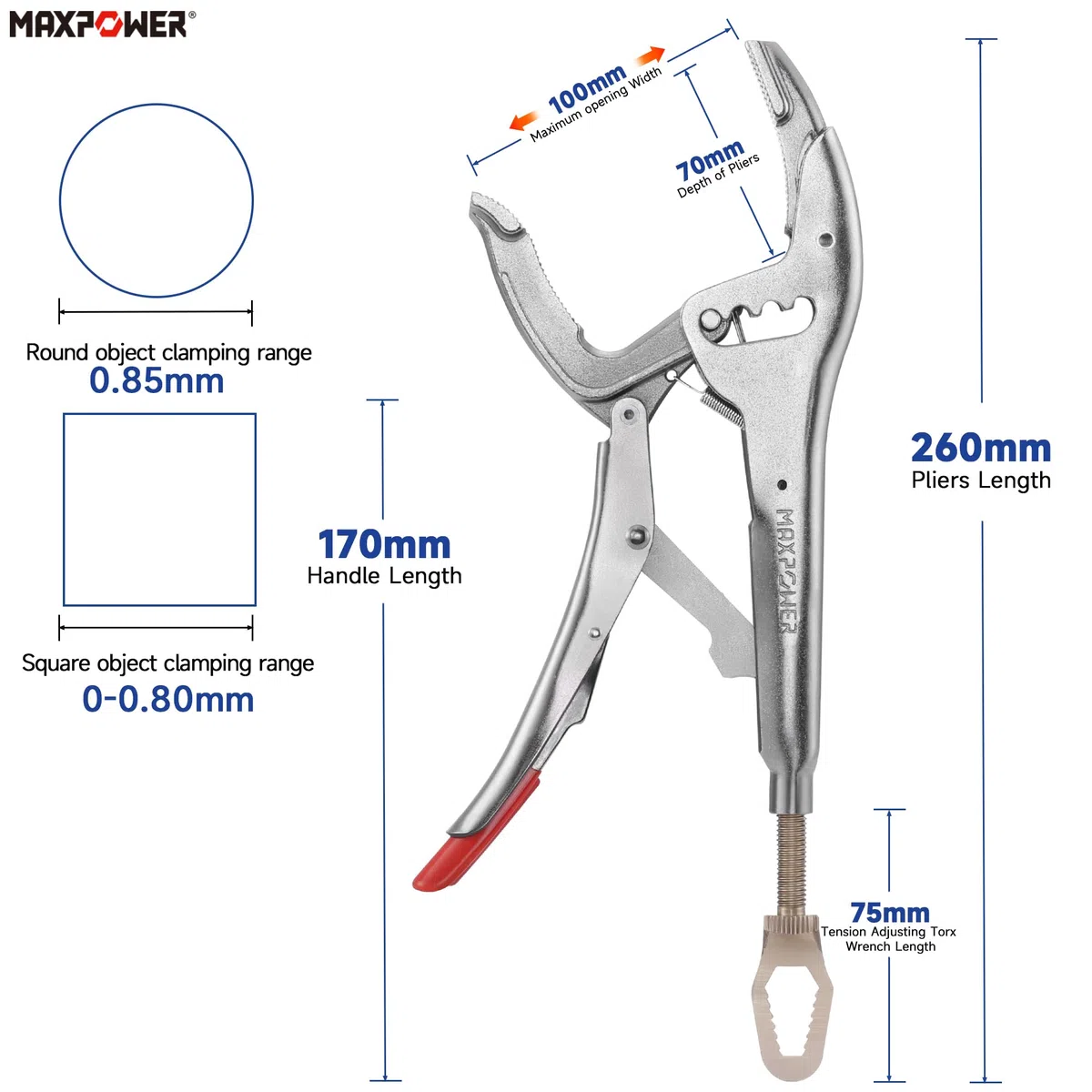 MAXPOWER Pince Étau 250 mm – Mâchoires Courbes 50-100 mm – Acier Cr-V Robuste – Force de Serrage Réglable – Pince de Verrouillage pour Atelier, Garage et Bricolage