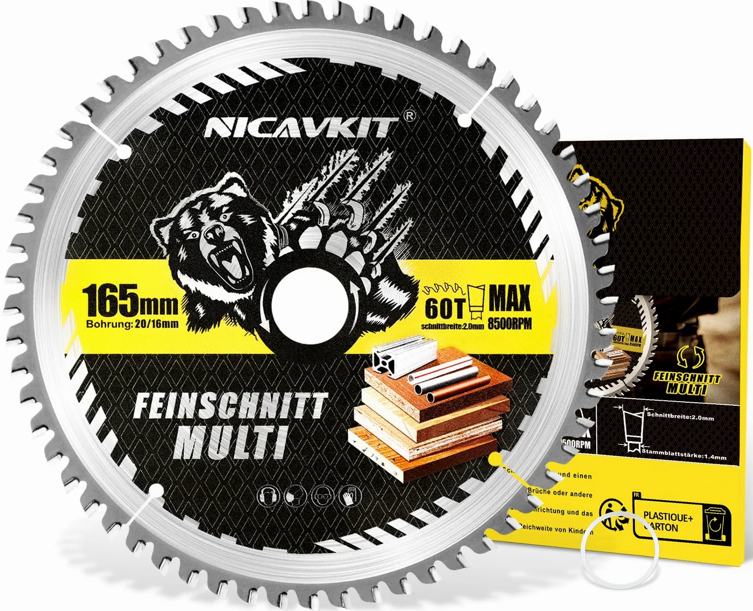 Lame scie circulaire Ø 165 x 20 mm pour bois, métal et aluminium, etc. Avec bague de réduction de 16 mm – Lame de scie multi-matériaux 160 x 20 mm Compatible avec Bosch, Makita & Dewalt