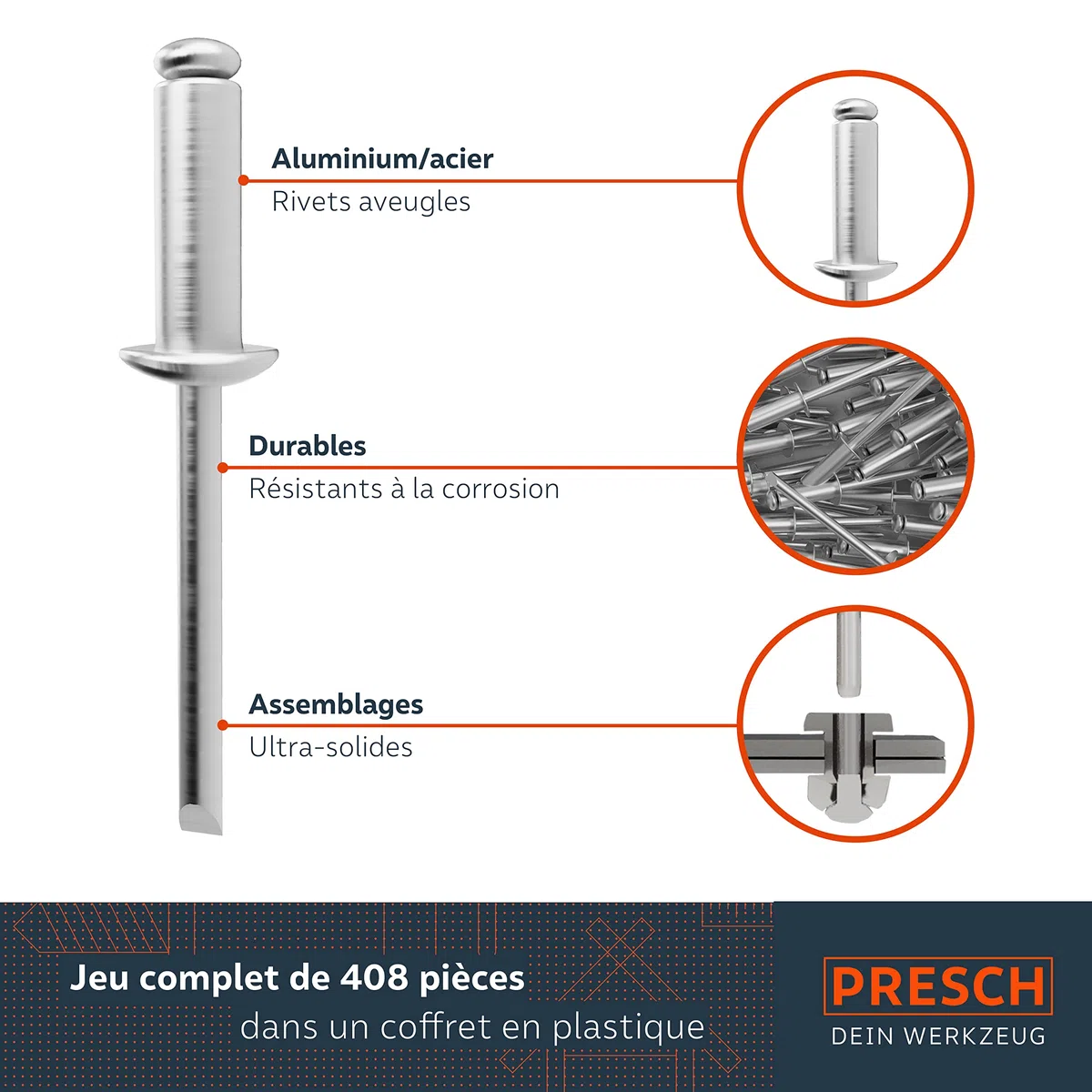 Presch Kit de rivets aveugles 408 pièces avec forets HSS - Lot de 400 rivets alu/acier 2,4mm, 3,2mm, 4,0mm et 4,8mm et 8 forets HSS correspondants 2,5mm, 3,3mm, 4,1mm et 4,9mm