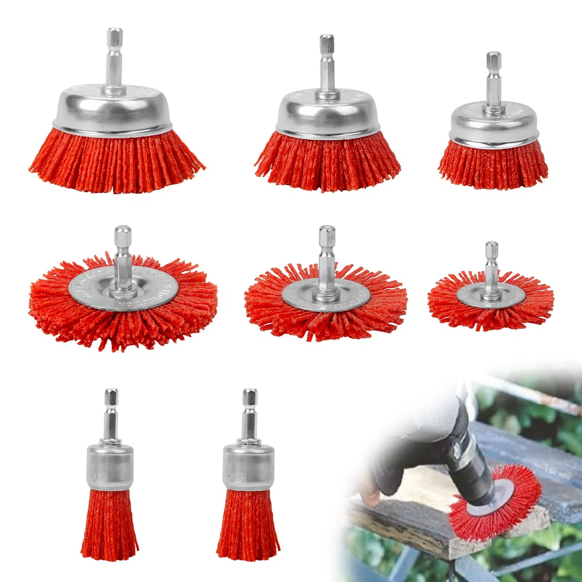 8 Pièces Brosses Abrasives Nylon pour Perceuse, Brosse Nylon Perceuse avec Tige Hexagonale 1/4", Outils Abrasifs Poncage Bois, Brosse Perceuse pour Enlever Rouille, Corrosion, Peinture