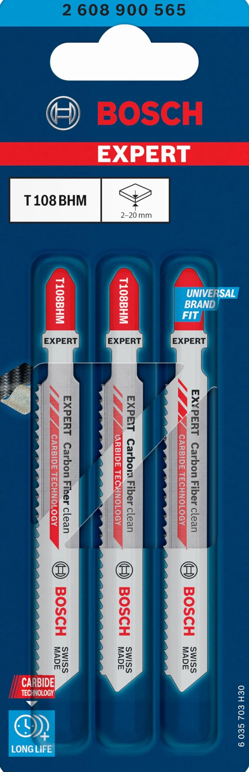 Bosch 3x Expert ‘Carbon Fiber Clean’ T 108 BHM Stichsägeblatt (für Faserkunststoffe GFK, CFK, Länge 92 mm, Professional Zubehör Stichsäge)