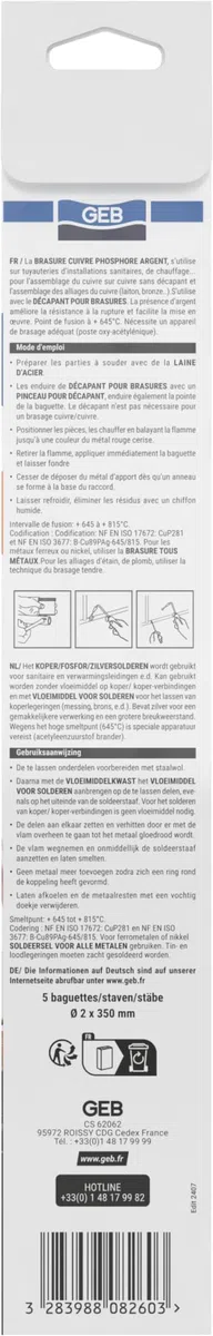 GEB Baguettes cuivre/phosphore/Argent pour brasage Fort. S'utilise sur tuyauteries d'installations sanitaires, de Chauffage… - 5 Baguettes
