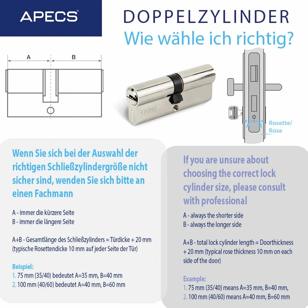 APECS SM-80(35/45) - Cylindre de serrure pour porte de maison, avec 5 clés, modèle SM-80 (35/45), Argent, Bronze
