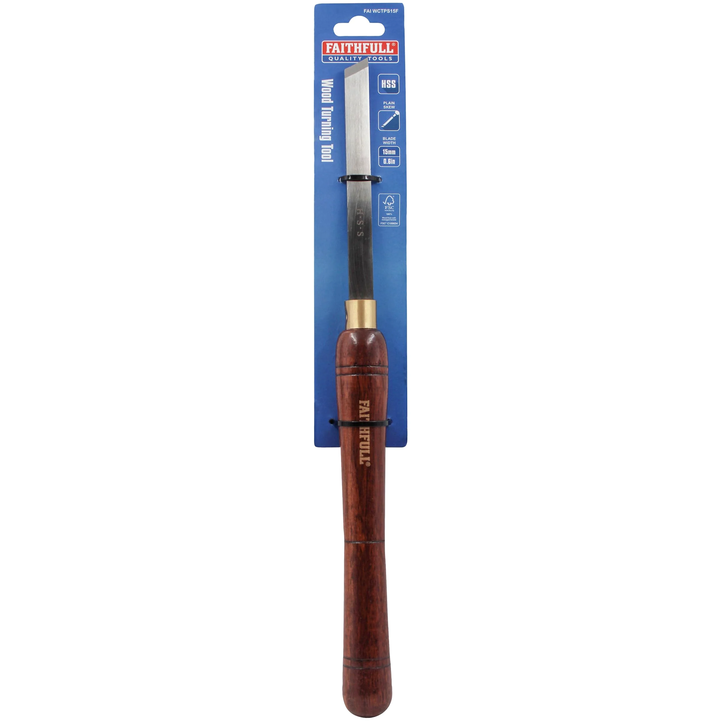 Ciseau à bois Faithfull HSS pleine longueur - 15 mm, lame inclinée, longueur 160 mm, longueur totale 410 mm - Manche en bois certifié FSC